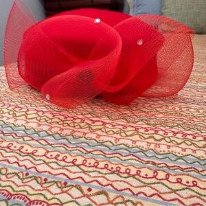 KaKyCo red wool felt church or Kentucky Derby hat with a bow and tulle accent